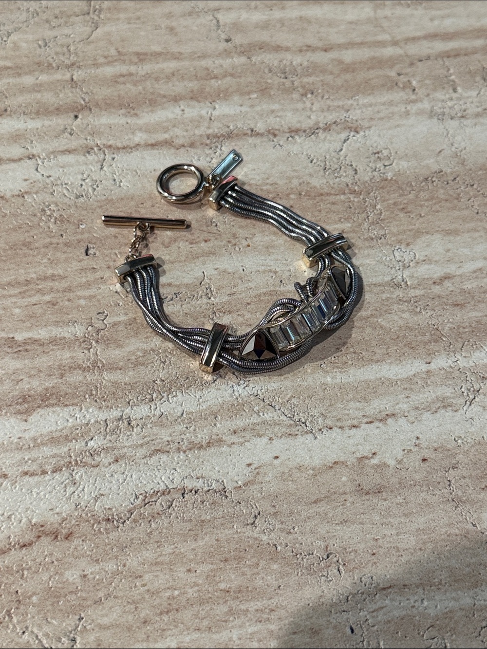 Two-Tone Silver and Gold Multi-Strand Bracelet with Crystal Accents